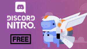 A Discord logo with the words "Discord Nitro. Free" and a graphic of the Discord mascot wearing a jetpack.